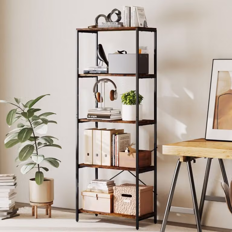 DESMIU Boekenkast met vijf open lagen, Metaal en Melamine, Rustiek Bruin, B/D/H: 79 x 35 x 161 cm