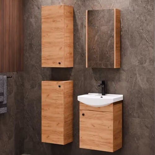 Planetmöbel Badkamermeubel Set Goud Eiken met Keramische Wastafel, Spiegelkast en 2 Midikasten van 32 cm, Breedte: 45 cm, Soft-Close