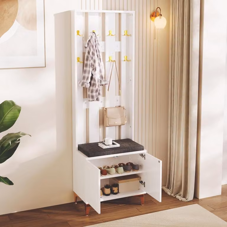 Moderne Garderobeset met Bank en Kapstok in Wit met Goud, B/D/H: 180.5 x 60.5 x 35.2 cm