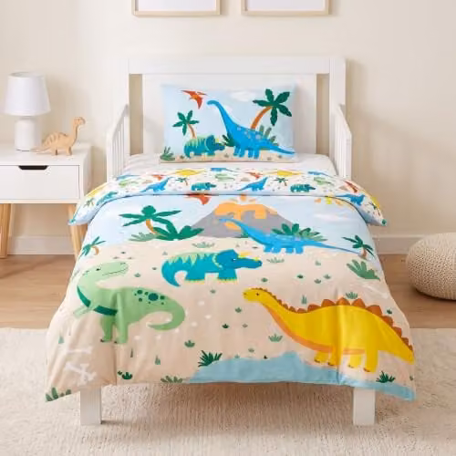 TRAUMHELDEN Dino babybeddengoed set - Flanel/Biber - 1 dekbedovertrek 100x135 cm en 1 kussensloop 40x60 cm - Blauw/Jongensbeddengoed