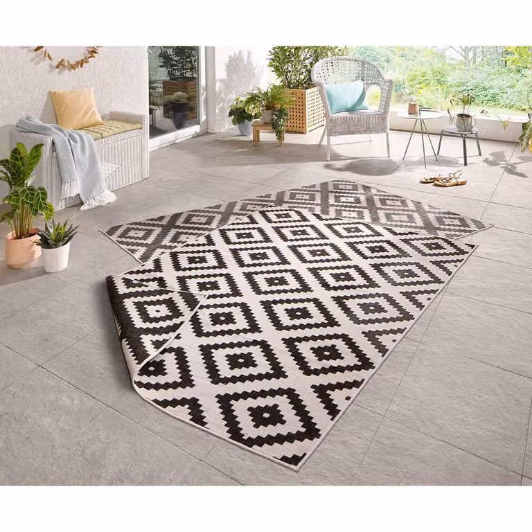 Hanse Home Malta Binnen- en buitentapijt, zwart-wit, geometrisch ruitmotief, 160 x 230 cm