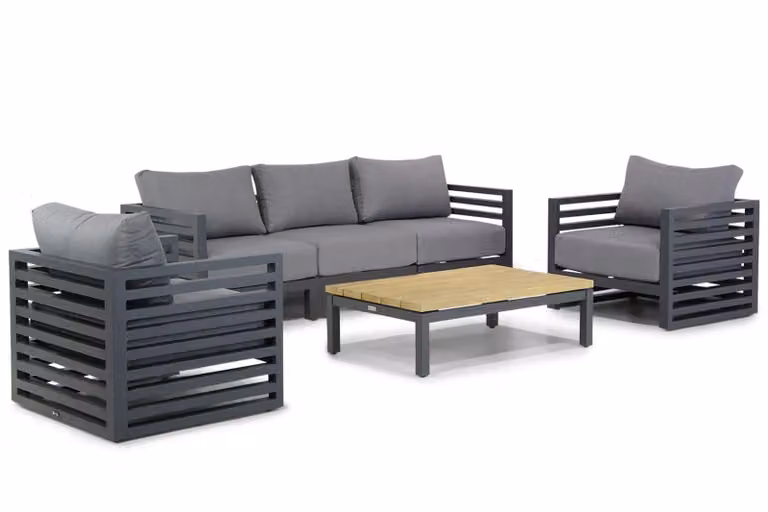 Santika Furniture Riviera 6-delige loungeset van behandeld hardhout met grijze kussens