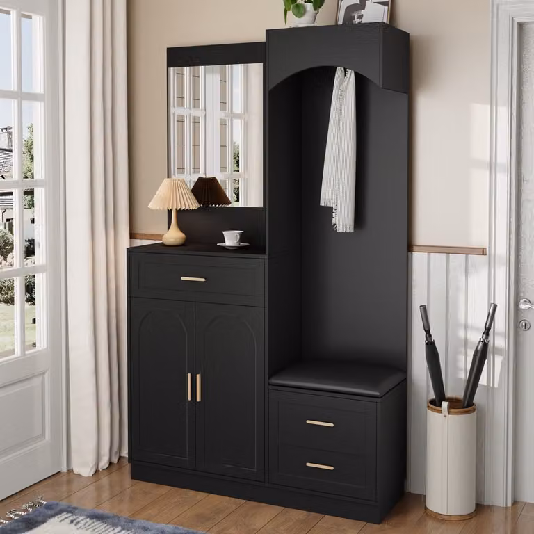 OKWISH Garderobekast met spiegel en schoenenbank, zwart MDF, B: 110 cm, D: 33 cm, H: 185,5 cm