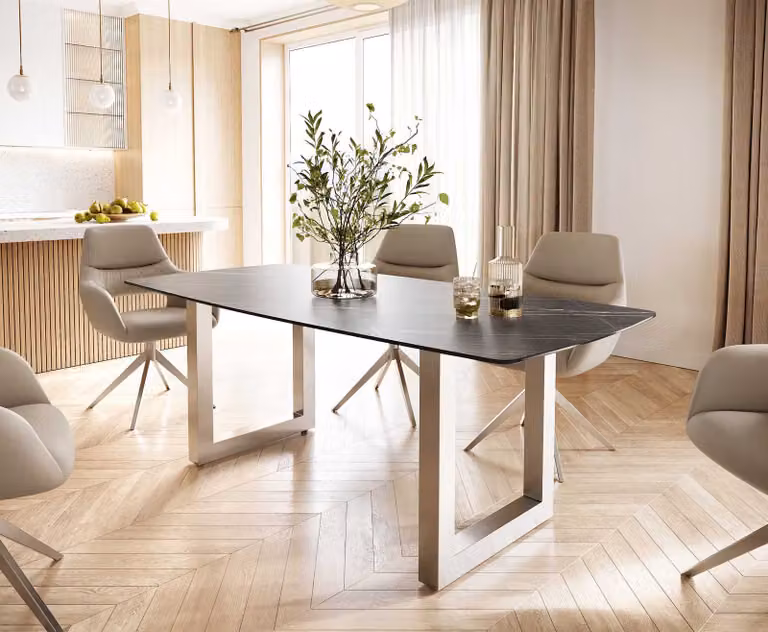 DELIFE Eettafel Edge Bootsform met Laminam Noir Desir Keramiek en Roestvrij Staal, Bruin/Zilver/Zwart, B/D/H: 200 x 100 x 74 cm