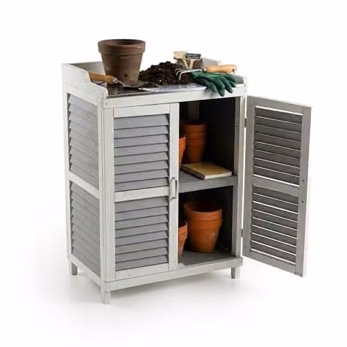 Relaxdays Plantentafel met onderkast, Hout en Metaal, Grijs/Wit, H x B x D: 100 x 67 x 47 cm