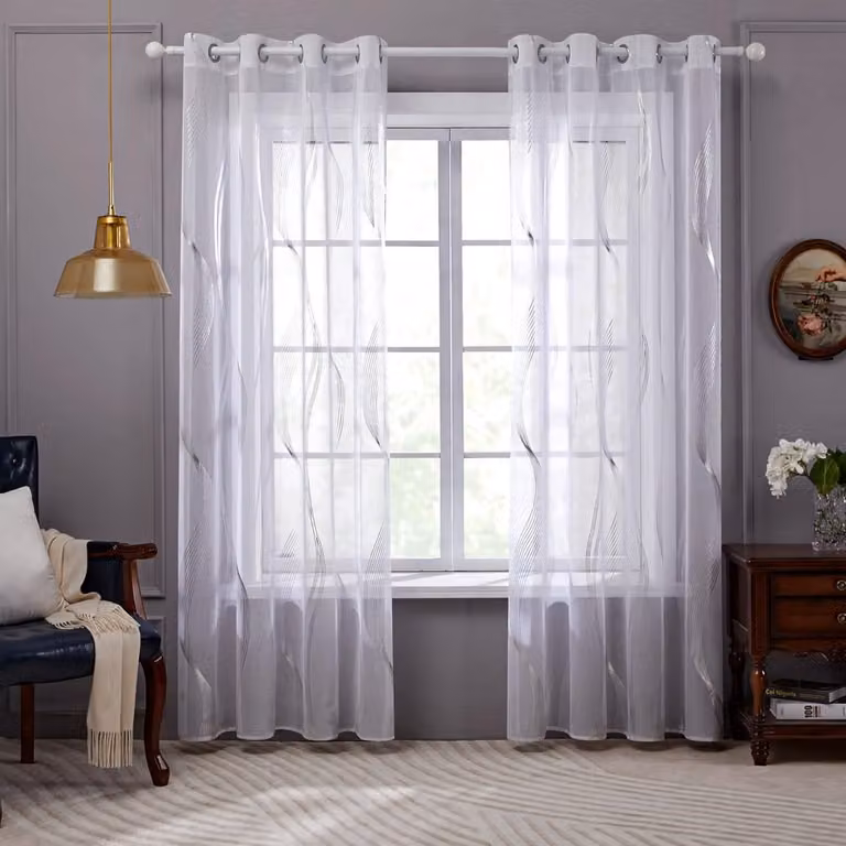 Set van 2 transparante vitrage gordijnen met oogjes en zilveren foliedessin voor woonkamer en slaapkamer, Breedte: 140 cm, Hoogte: 215 cm