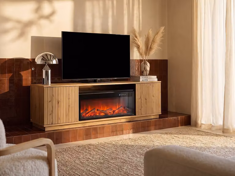 Vente-unique Modern Tv-meubel met 2 deuren en ledverlichting - MDF - Beige, zwart en bruin - B/D/H: 163 x 40 x 48 cm
