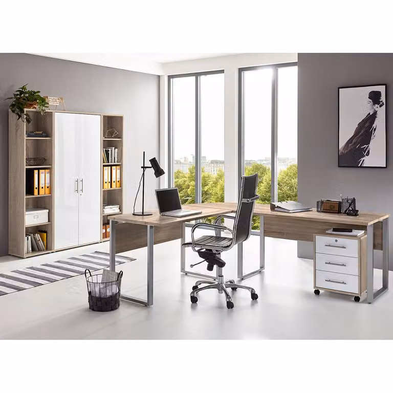 home24 Bureauset II 5-delig, Bruin/Sonoma eiken en Hoogglans wit
