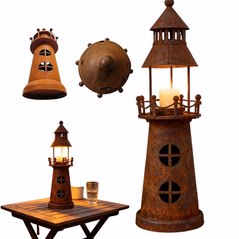 Retro Lantaarn Kandelaar voor Kaarsen - Roestbruin IJzer - Hoogte: 31,6 cm