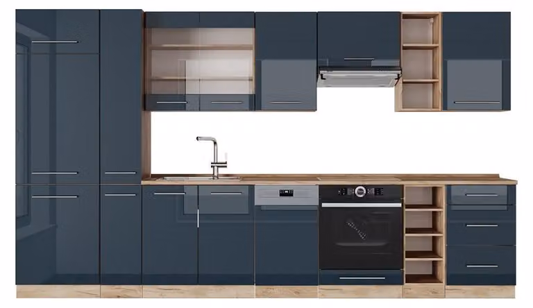 Vicco Fame-Line Keukeneenheid Donkerblauw hoogglans en Gouden eik, Breedte: 355 cm