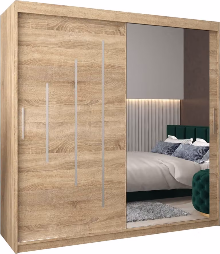 InspireMe MALTESE II 200 Sonoma Eik Kledingkast met 2 Schuifdeuren, Spiegel en 4 Lades, B/D/H: 200 x 62 x 200 cm