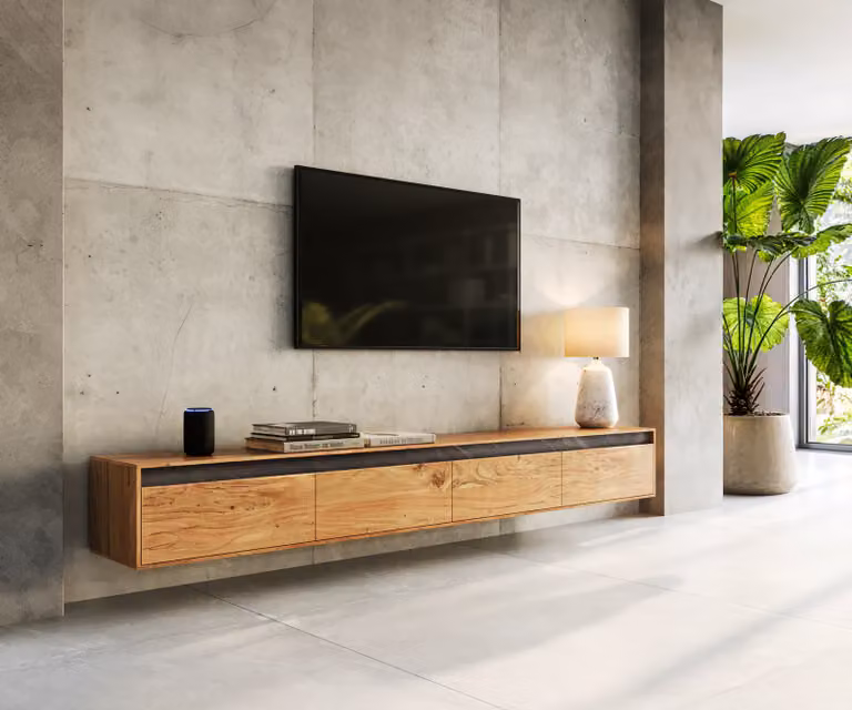 DELIFE Tv-meubel Stonegrace, modern zwevend tv-meubel van acacia hout in bruin, B: 240 cm, D: 44 cm, H: 35 cm