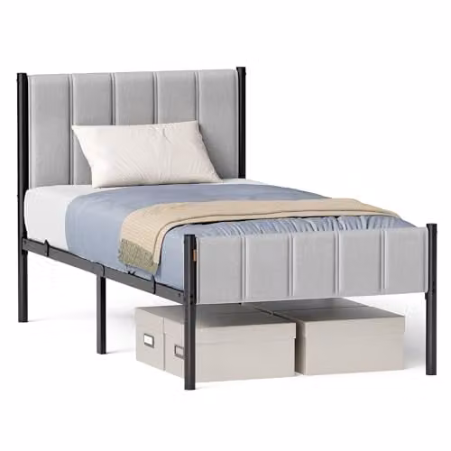 VASAGLE Eenpersoons bedframe met gestoffeerd hoofdeinde en metalen frame, 90 x 200 cm