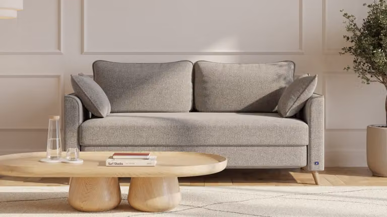 BRUNO slaapbank 160 cm in grijs-beige met massief houten poten en boxspringcomfort