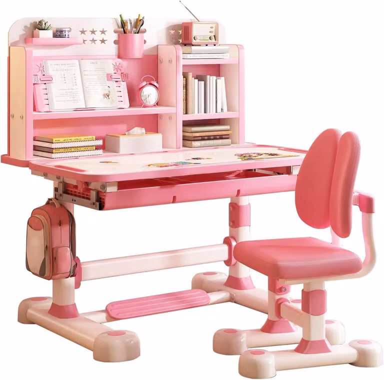 In hoogte verstelbaar kinderbureau met stoel en kantelbaar blad, roze, Breedte: 80 cm