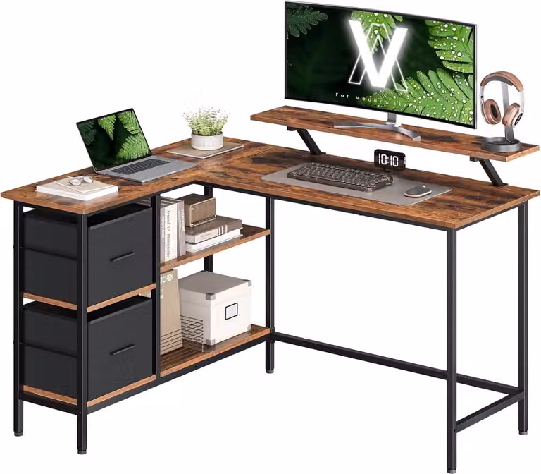 L-vormig hoekbureau met 2 lades en monitorstandaard, vintage bruin, B/D/H: 135 x 105 x 89.5 cm