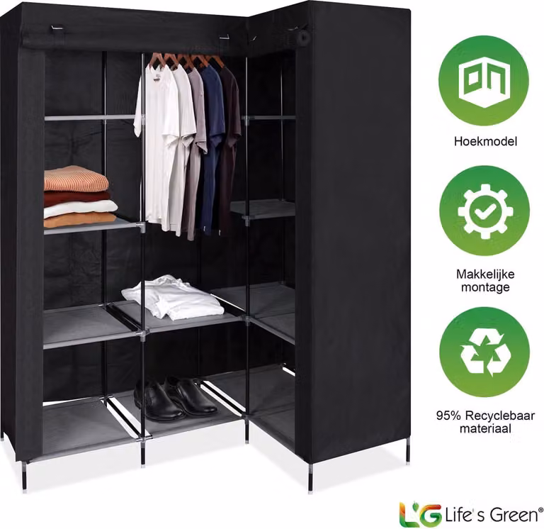 Life's Green Hoekkast Kleding Zwart - Opvouwbaar Kledingrek met 9 Legplanken - B: 126 cm, D: 40 cm, H: 170 cm