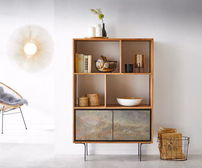 DELIFE Boekenkast Juwelo Modern met Acacia Hout, Steenfineer en Metaal, Zwart/Bruin, H 88 x B 135 x D 35 cm