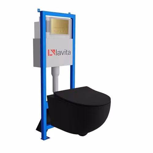Lavita complete toiletset BRAVA zwart met LAV 101 voorwandelement en LAV 200.3.5 bedieningsplaat goud