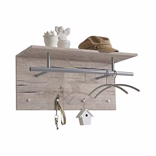 FMD Wandgarderobe met dubbele haak en rail in beige en wit houteffect, B: 72 cm, D: 34,5 cm, H: 29,3 cm