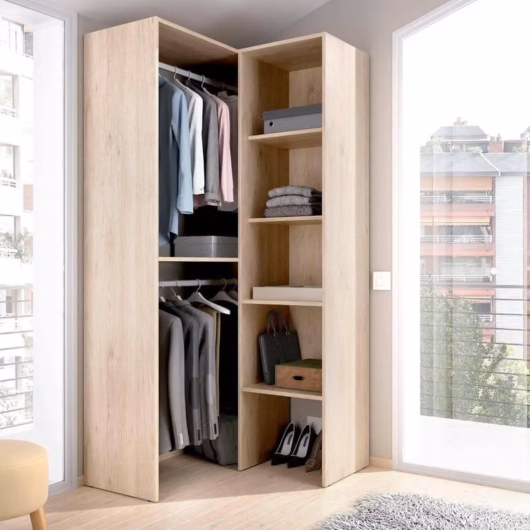 Merkloze Hoekkast Kledingkast met Open Planken en Deuren, Houtlook, B/D/H: 79 x 88 x 186 cm