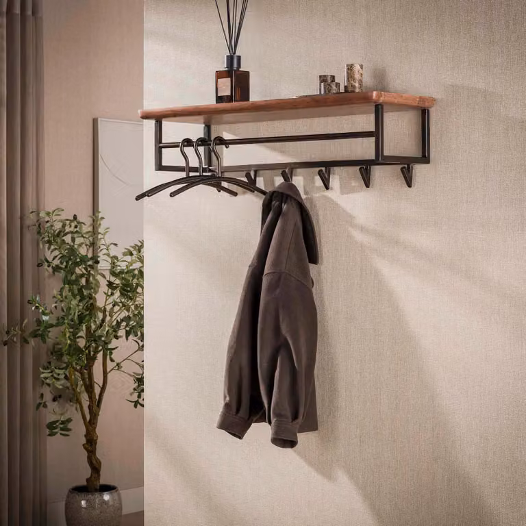 WoonStijl Kapstok Edge Curve met 6 haken, Acacia hout en metaal, Bruin/Brons