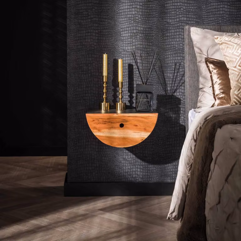 WoonStijl Nachtkastje 1L set van 2 Half Moon, Acacia hout, Bruin, Wandmontage