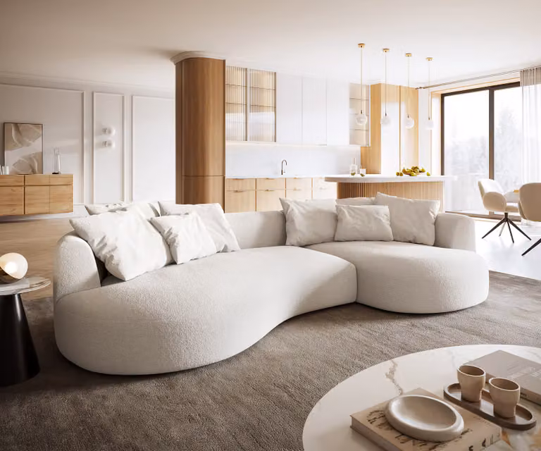 DELIFE Big-Sofa Edina hoekbank in beige bouclé met sierkussens B/D/H: 328 x 166 x 91 cm