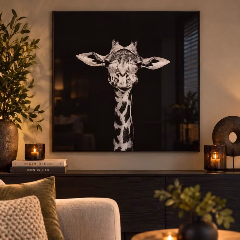 Countryfield Modern Schilderij Giraffe Zwart Wit Vierkant 80 x 80 cm
