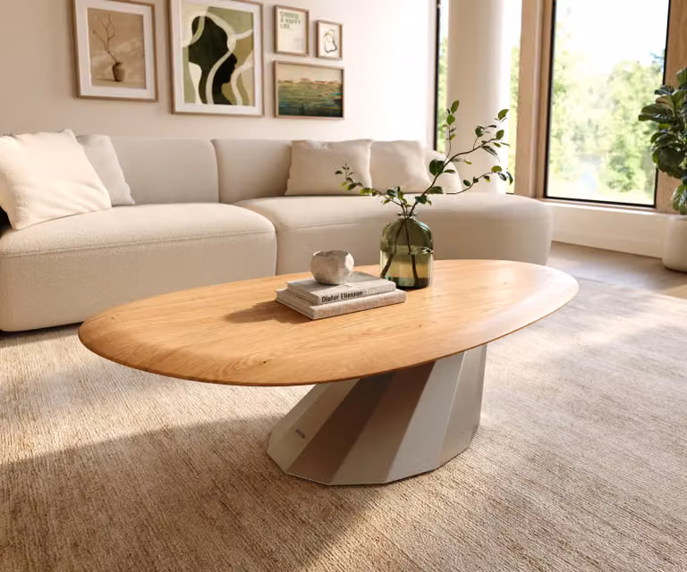 DELIFE Salontafel Edge Oval Eiken Naturel en Geborsteld Roestvrij Staal, B: 140 cm, D: 75 cm, H: 34,5 cm