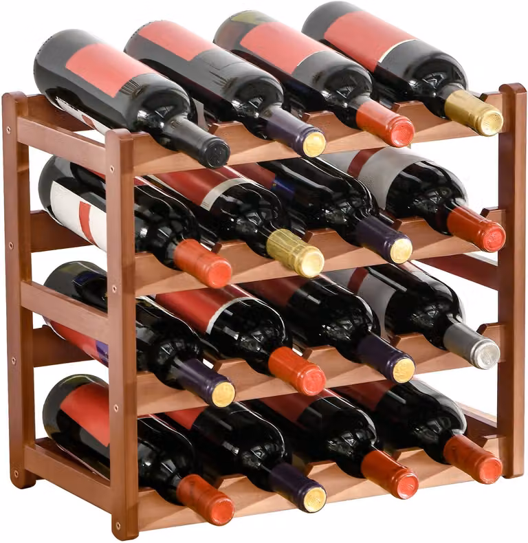 Bruin bamboe wijnrek met 4 etages voor 16 flessen - B/D/H: 43 x 23,5 x 38 cm