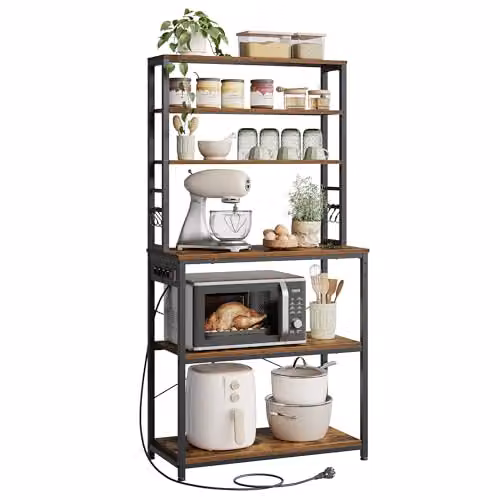 VASAGLE Keukenrek met 6 verstelbare planken en stopcontacten, vintagebruin + inktzwart, B/D/H: 80 x 40 x 167 cm