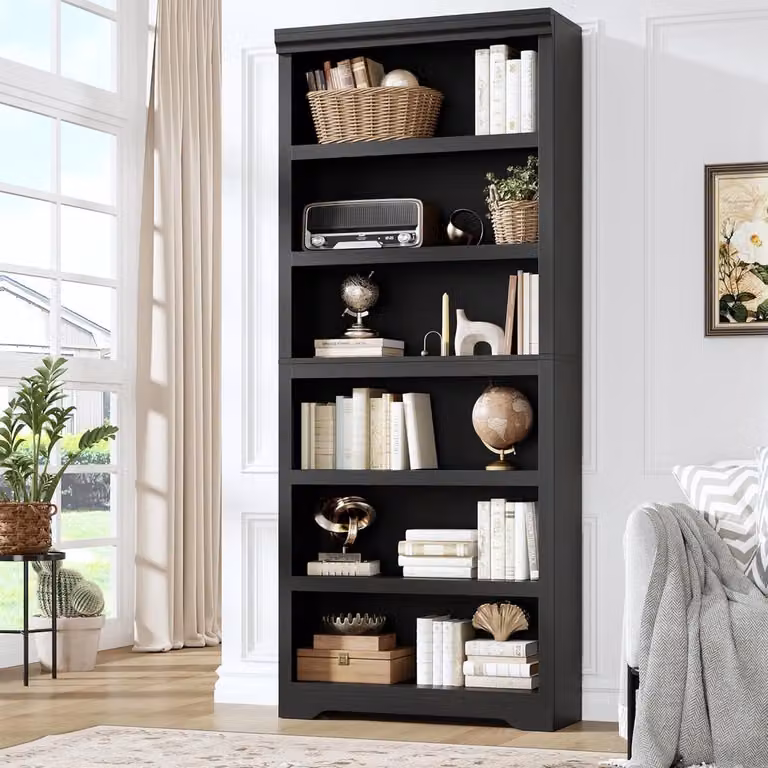 Hoge Boekenkast met 6 Verstelbare Planken en Achterwand - Zwarte Open Vakkenkast voor Woonkamer, Kantoor of Slaapkamer - Hoogte: 190 cm