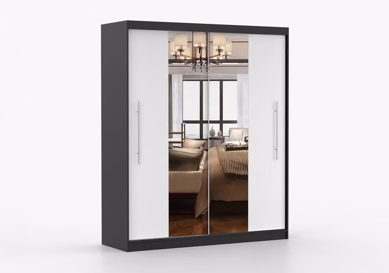 Kledingkast NICO I 203 cm - 2-deurs schuifdeurkast met spiegel en kledingstang - Zwart + Wit