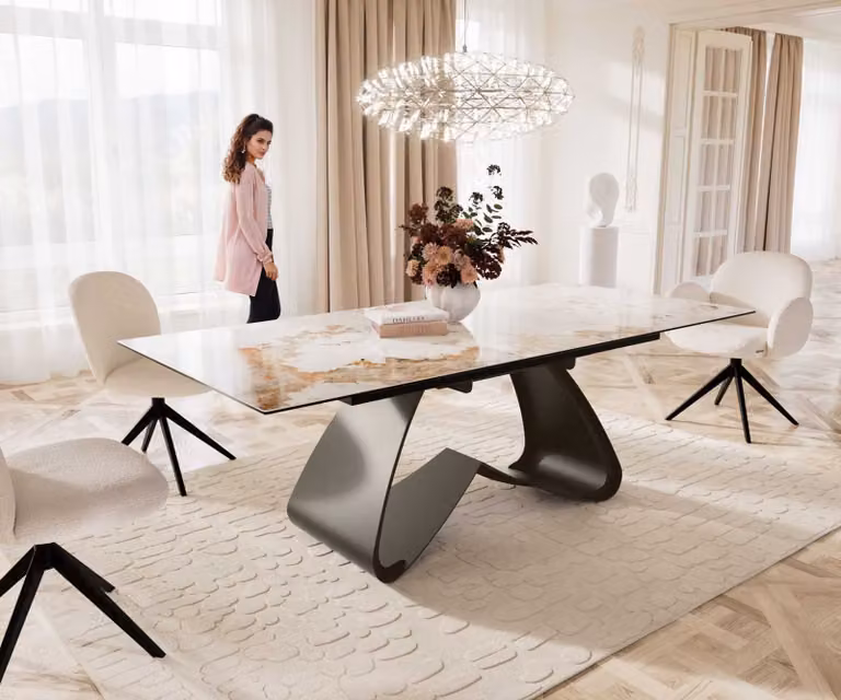 DELIFE Eettafel Edge Minas Melange wit-beige keramiek met titanium W-frame, uitschuifbaar, B: 180-220 cm, D: 100 cm, H: 76 cm