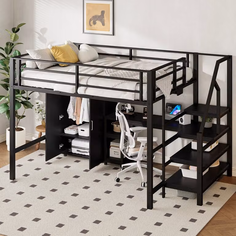 MODFU Hoogslaper zwart met bureau, kledingkast en opbergplanken, metaal en MDF, 140 x 200 cm