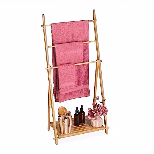 Relaxdays Handdoekladder van Bamboe met Hangende Stang, Bruin, H 110 x B 53 x D 31,5 cm