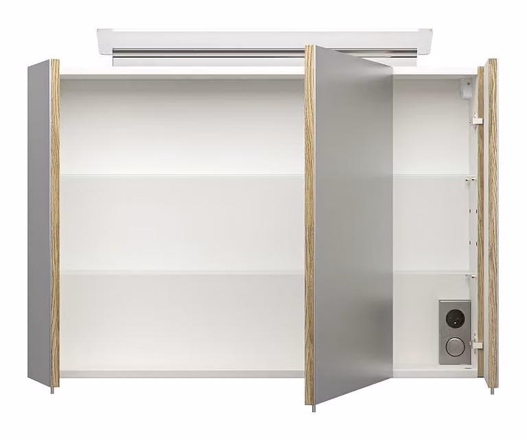 Posseik Spiegelschaaf met LED-acrylglasverlichting in licht eikenhout