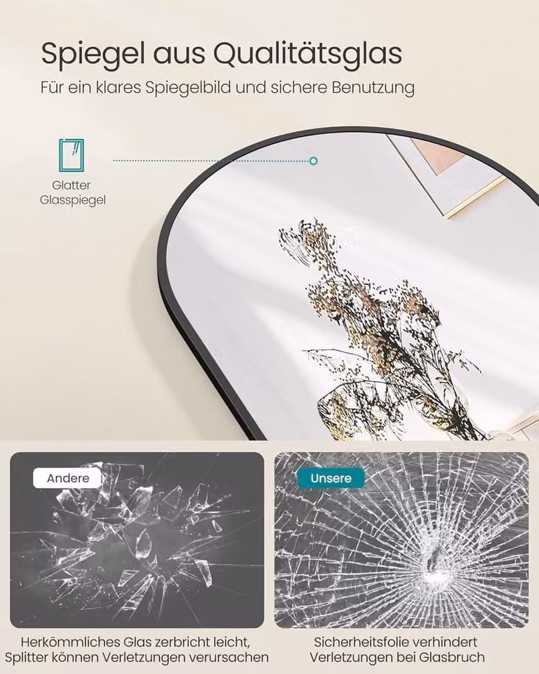 SONGMICS Spiegel over de volledige lengte met gebogen aluminium frame en gehard glas, Inkt Zwart, 150 x 40 cm