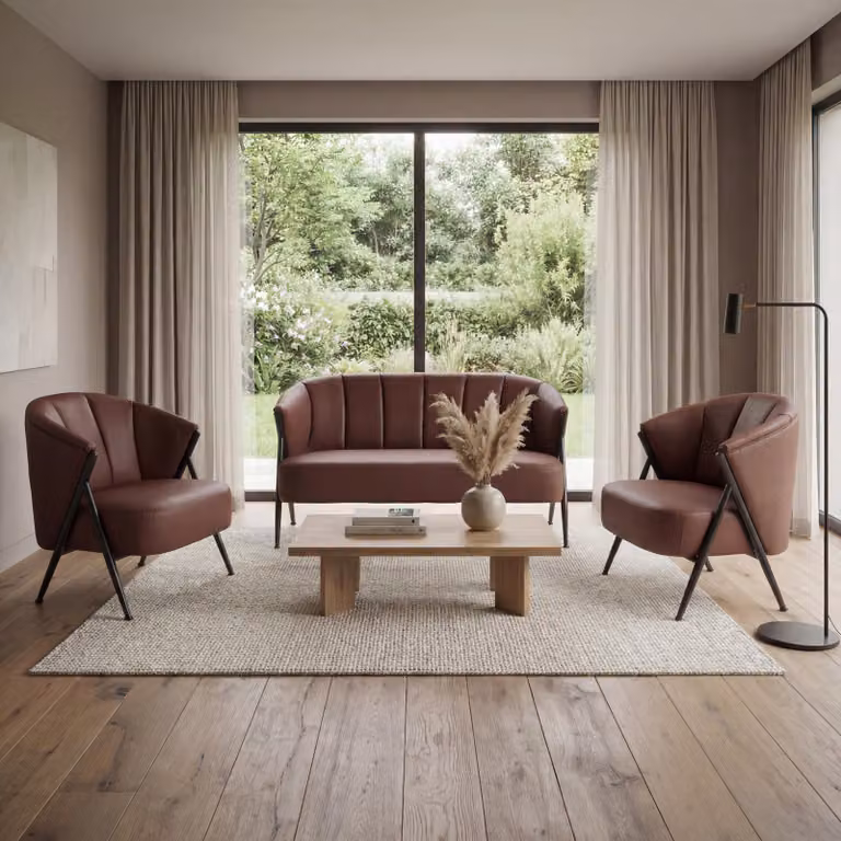 Mendler Woonkamerset HWC-P30 met 2-zits sofa en 2 fauteuils in roodbruin kunstleer en industrieel metalen frame