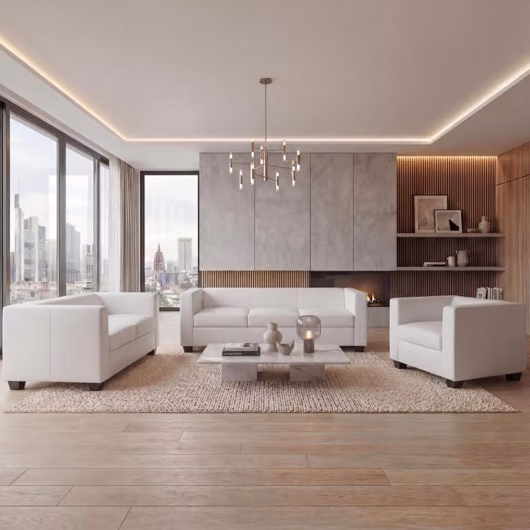 Mendler Loungebank Lille met salontafelset, 3-2-1 bankstel, wit kunstleer