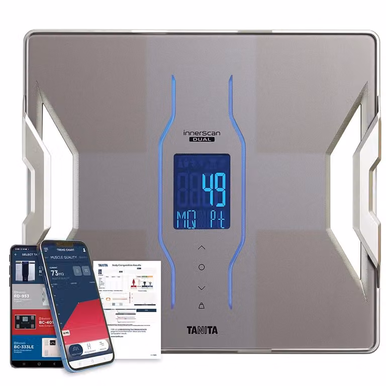 Tanita RD-953 Professionele lichaamsanalyseweegschaal met Dual-frequentie meting van lichaamsvet, spierkwaliteit en metabolische leeftijd via Bluetooth-app, max. 200 kg