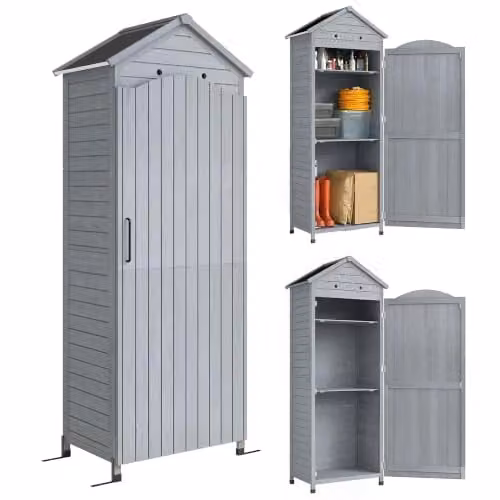 Outsunny Tuinkast Hout Grijs H: 213 cm, B: 85 cm, D: 58 cm - Extra Hoge Gereedschapsschuur met Verstelbare Plank en Magnetische Deur