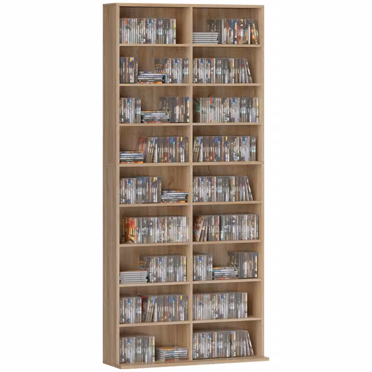 HOMCOM DVD-rek met 9 lagen, 18 vakken en 14 verstelbare planken, ruimte voor 640 cd's, 360 dvd's of 430 Blu-rays, natuurlijk hout