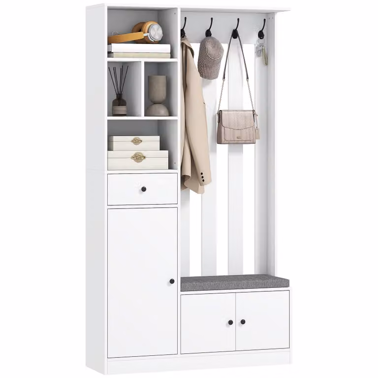 HOMCOM Halmeubel met schoenenbank en kapstok, wit en grijs, B: 100 cm, D: 30 cm, H: 180 cm