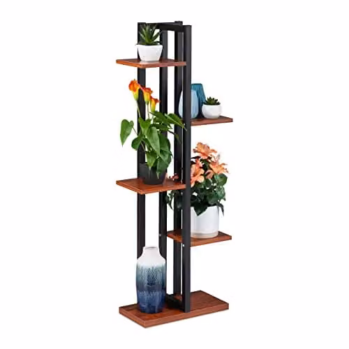 Relaxdays Plantenrek met 5 etages, Bruin/Zwart, H 117 x B 43 x D 22 cm