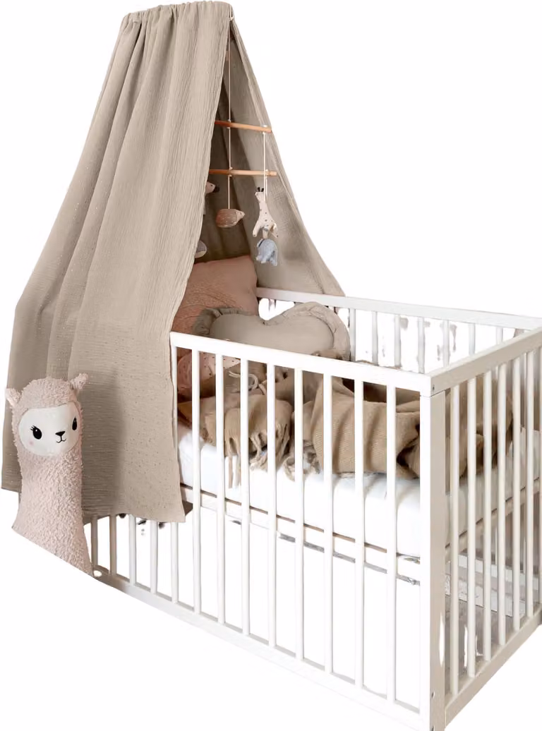 Lilimaus Klamboe met bedhemelstang en gouden details, mousseline katoen, lichtbeige, 140 cm