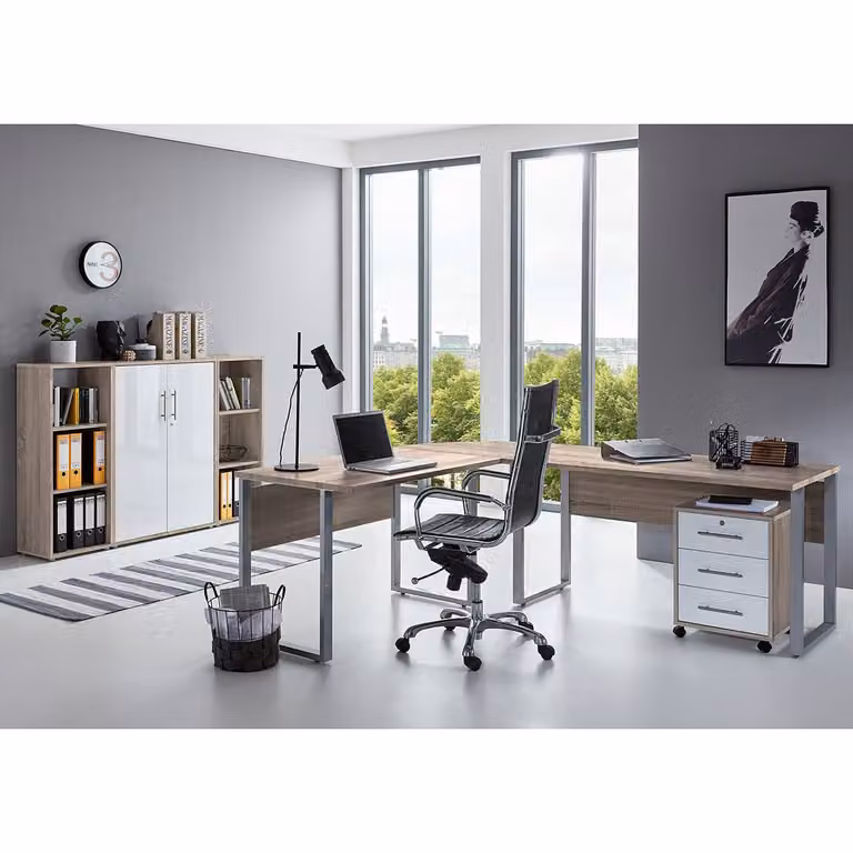 home24 Bureauset 5-delig in beige en wit met eikenhouten look