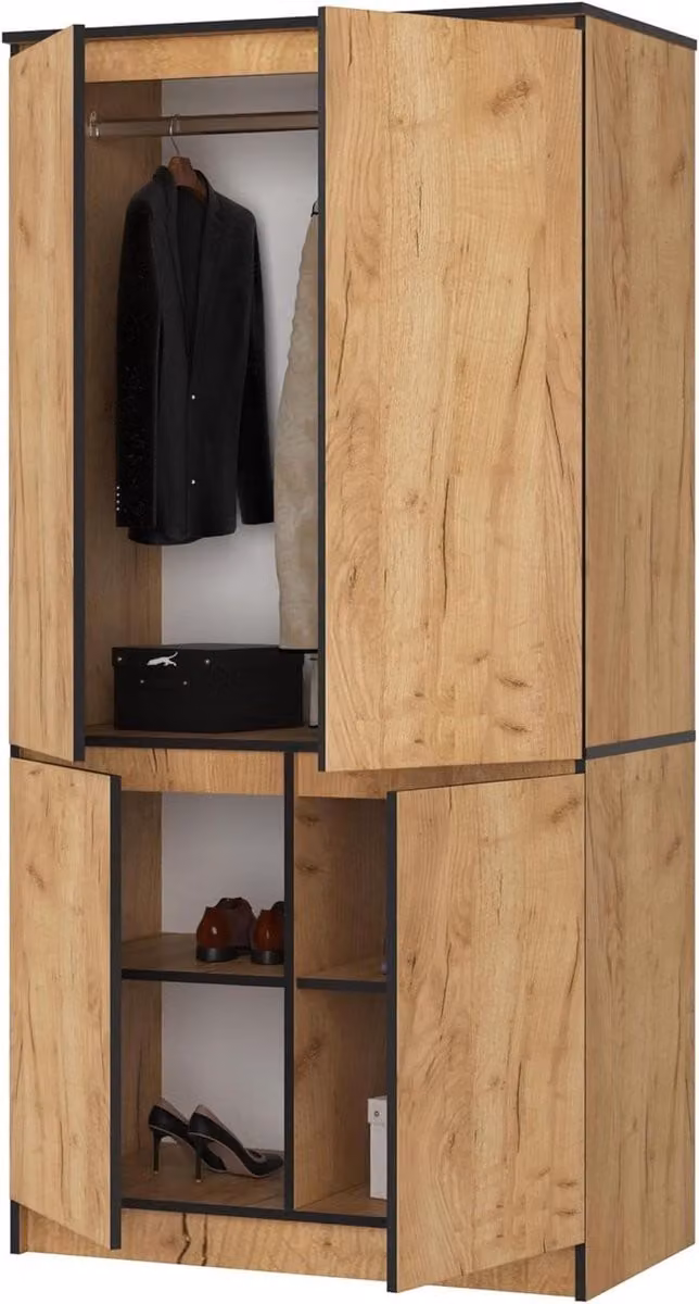 Kledingkast met vier deuren in ambachtelijk eiken voor de slaapkamer of woonkamer, Breedte: 90 cm