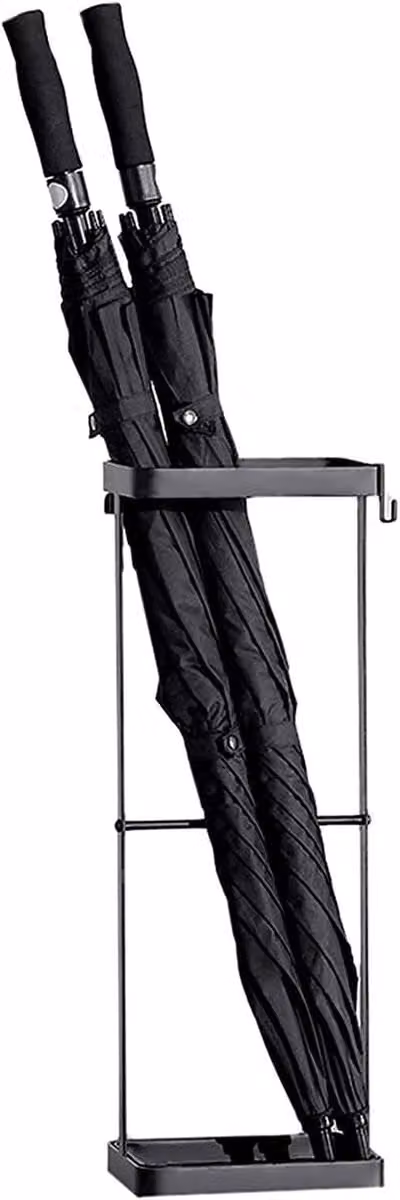 Zwarte metalen paraplustandaard met lekbak en haken, B/D/H: 21 x 15 x 60 cm